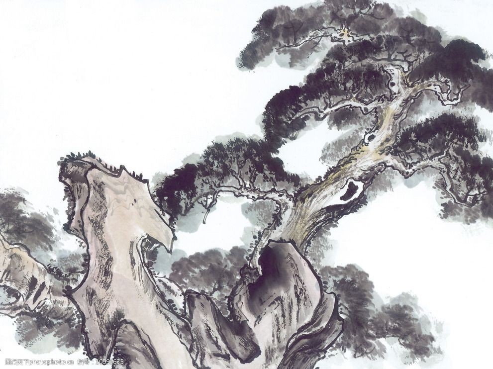 国画山石树木组合图片