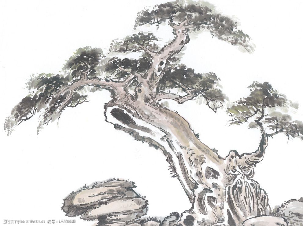 国画山石树木组合图片