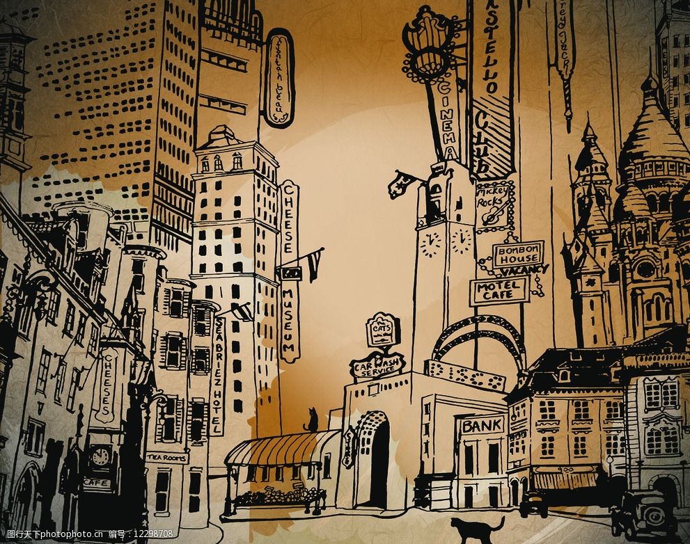 手绘复古都市背景墙图片