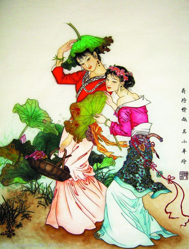 关键词:荷塘情趣 美术 中国画 工笔画 人物画 女人 仕女 少女 荷花