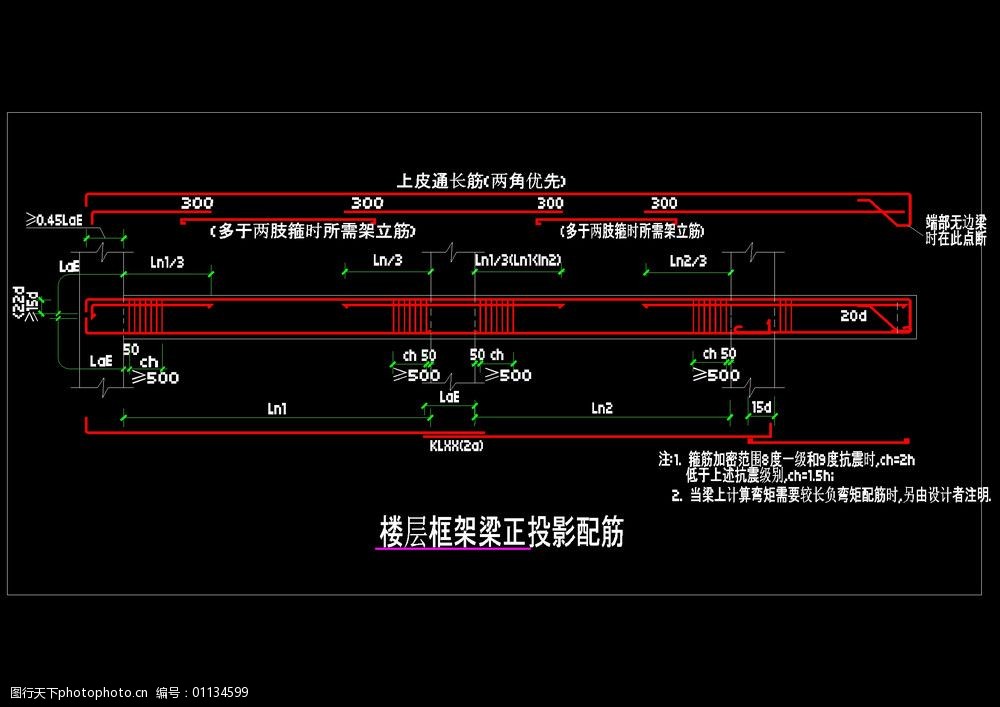 源文件 楼层框架梁正投影配筋详图 结构图纸 cad图纸素材下载 构造cad