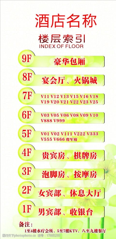 关键词:楼层索引 楼层指示牌 酒店名称 绿色淡雅 温馨提示 海报 设计