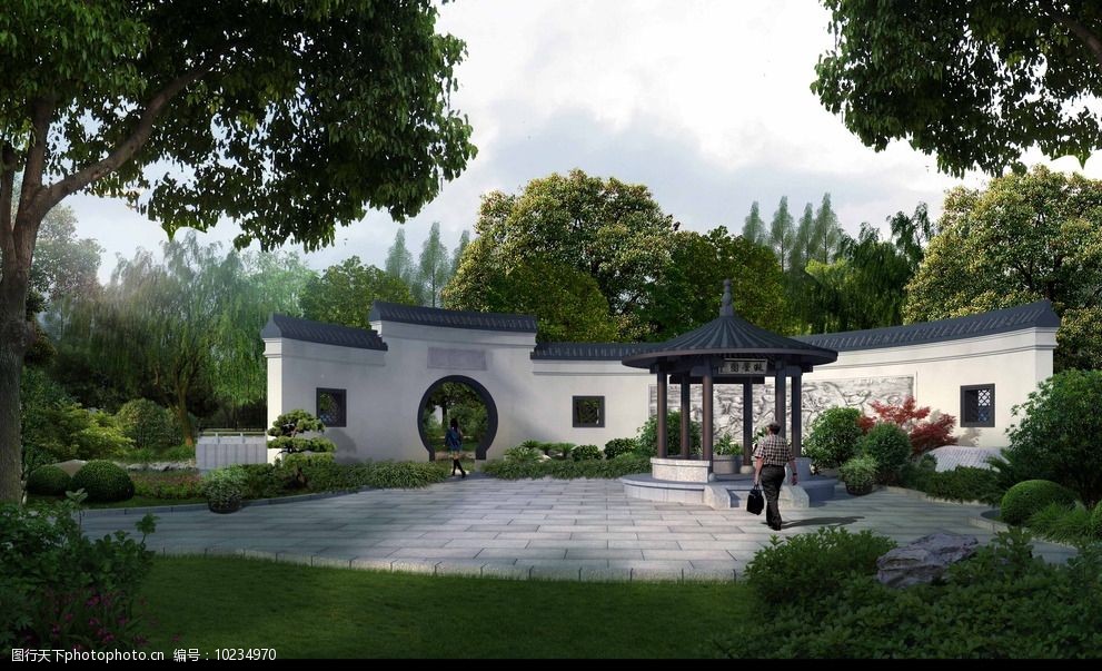 中式八角亭景墙效果图图片