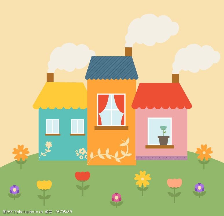 卡通田野房屋设计矢量素材.