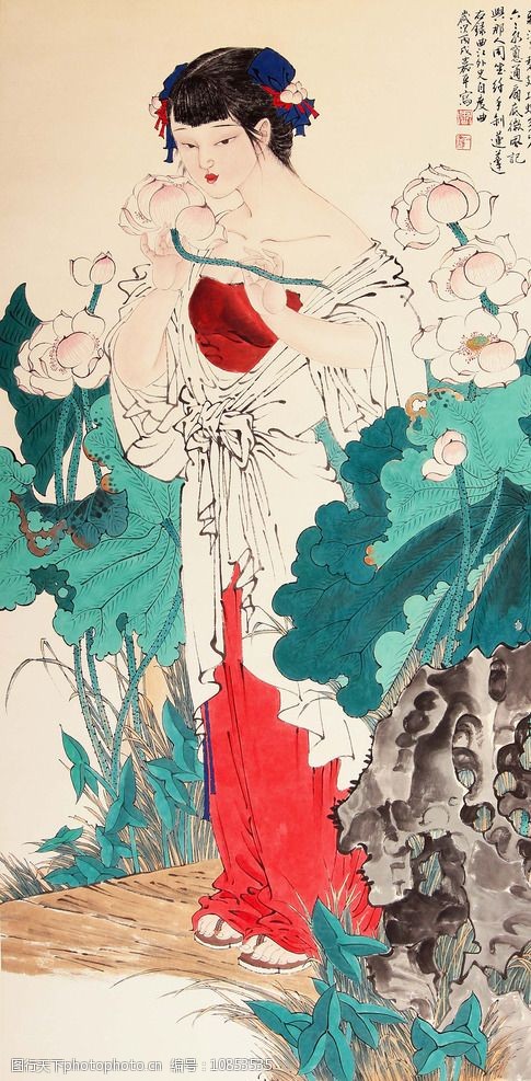 关键词:仕女图 荷花仕女图 工笔人物 宫女图 美女图 人物 设计 文化
