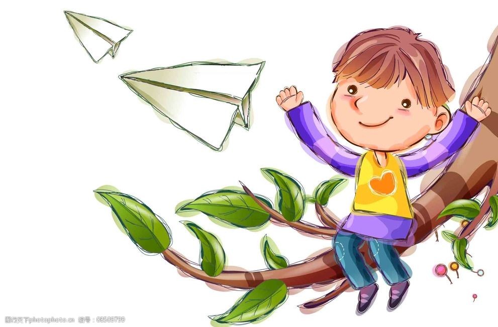 卡通男孩骑在树上图片