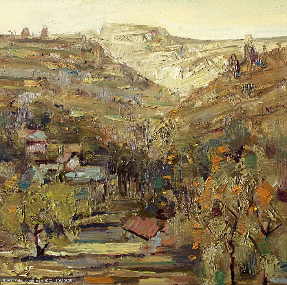 关键词:山乡人家 美术 风景 山岭 乡村 房屋 村道 树木 树林 油画作品