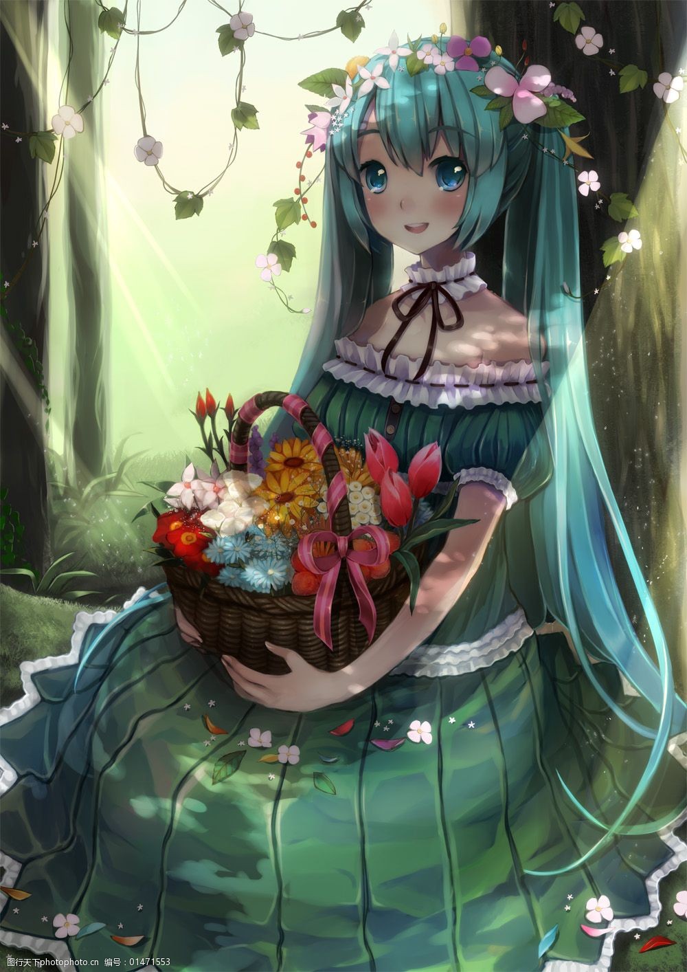 长发治愈少女童话绿初音手机壁纸cg设计