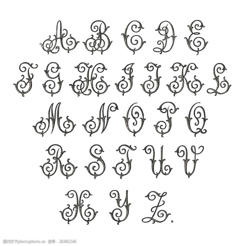 26个藤蔓花纹字母设计矢量图