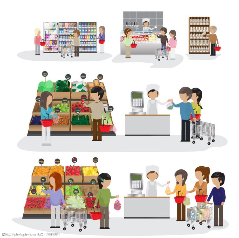 超市购物结算人物插画矢量素材