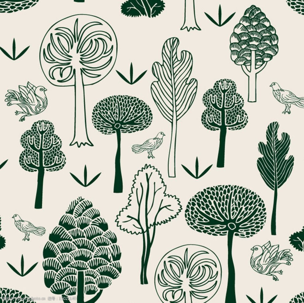 绿色手绘森林与鸽子矢量素材图片
