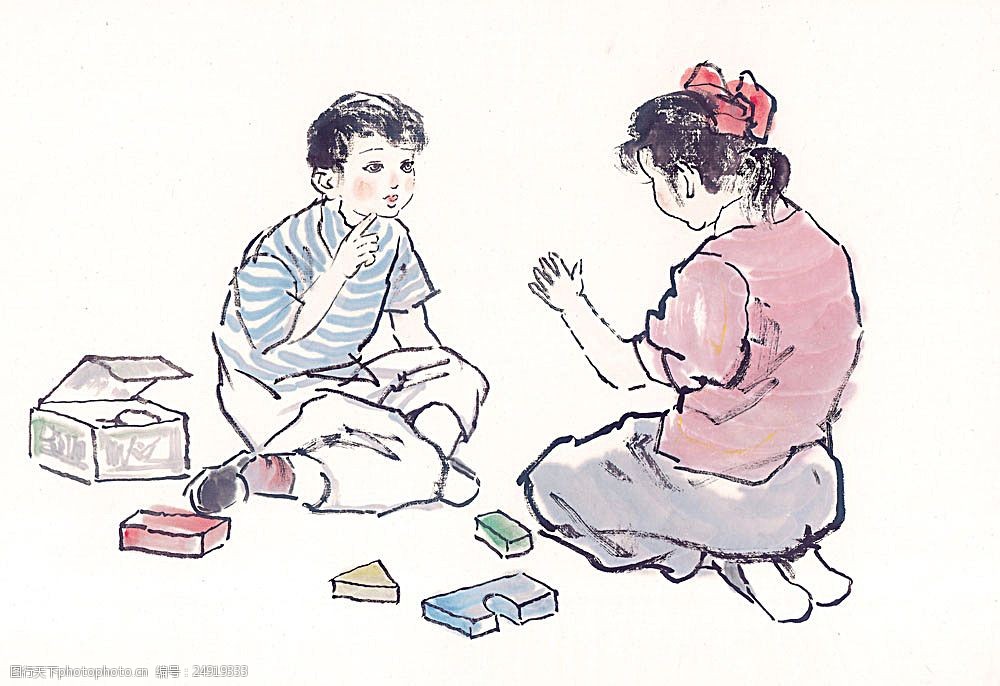两个小孩搭积木简笔画图片