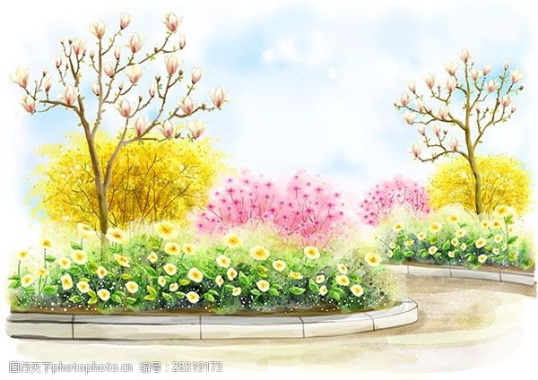 韩式风景春天花园插画设计psd素材下载