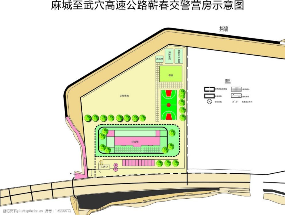 关键词:营房平面效果图 平面效果图 绿化 操场 综合楼 道路 图例 设计