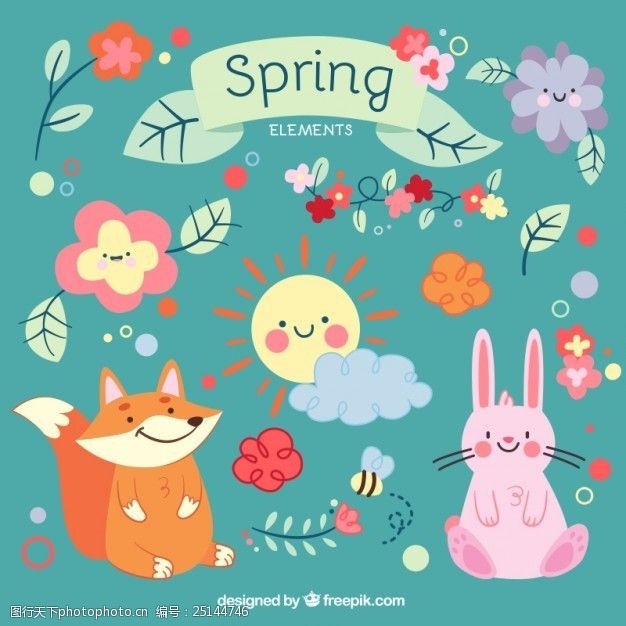 可爱的卡通动物和春天的元素