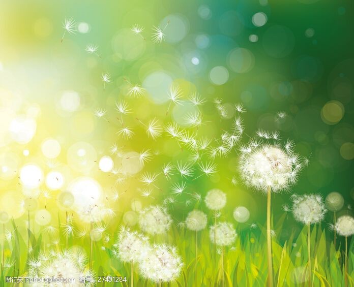 随风飘散的蒲公英与绿色自然背景矢量素材