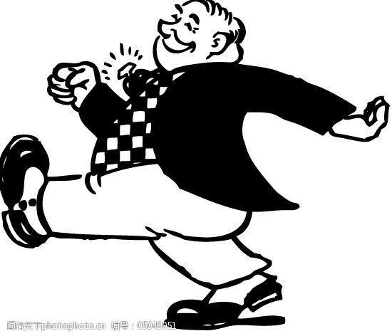 黑白胖子走路卡通形象矢量图