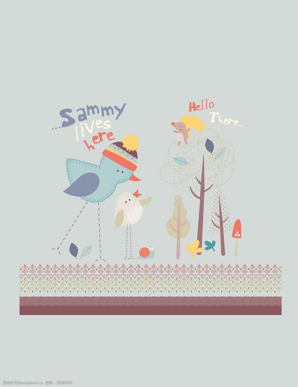 关键词:卡通动物印花素材 卡通 动物 印花 ai矢量 小鸡 小鸟 树 花边