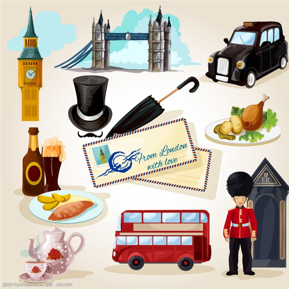 水彩绘英国元素矢量素材图片