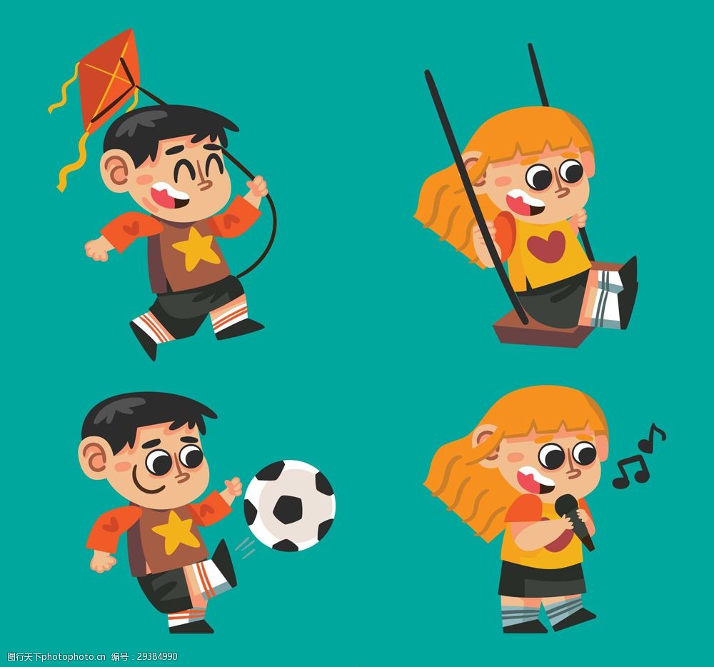 关键词:4款可爱玩耍儿童矢量素材 儿童 卡通 可爱 秋千 人物 踢足球