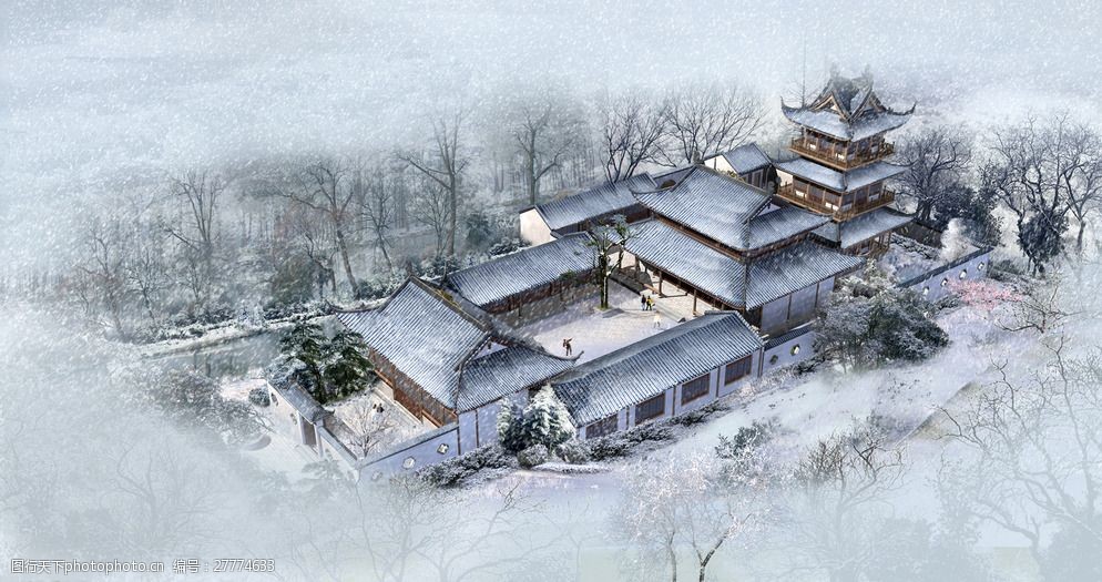 古建築雪景設計圖片