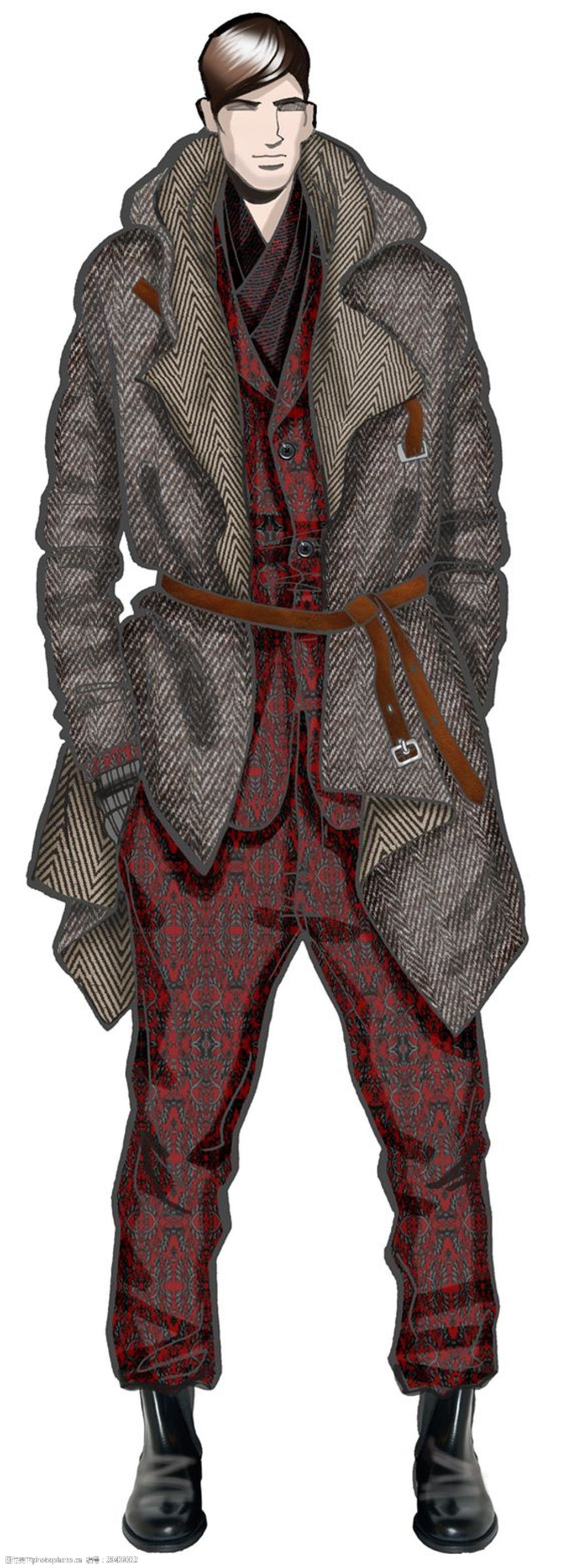 关键词:帅气不羁深灰色大外套男装效果图 服装设计 褐色腰带 男装