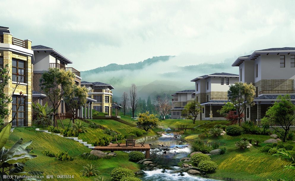 溪流旁的别墅群图片