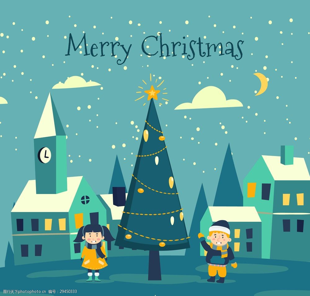 创意圣诞节小城和孩子矢量素材 创意 房子 孩子 节日 卡通 圣诞节