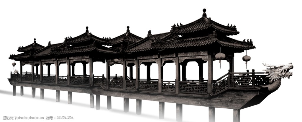 凉亭工笔画透明装饰素材