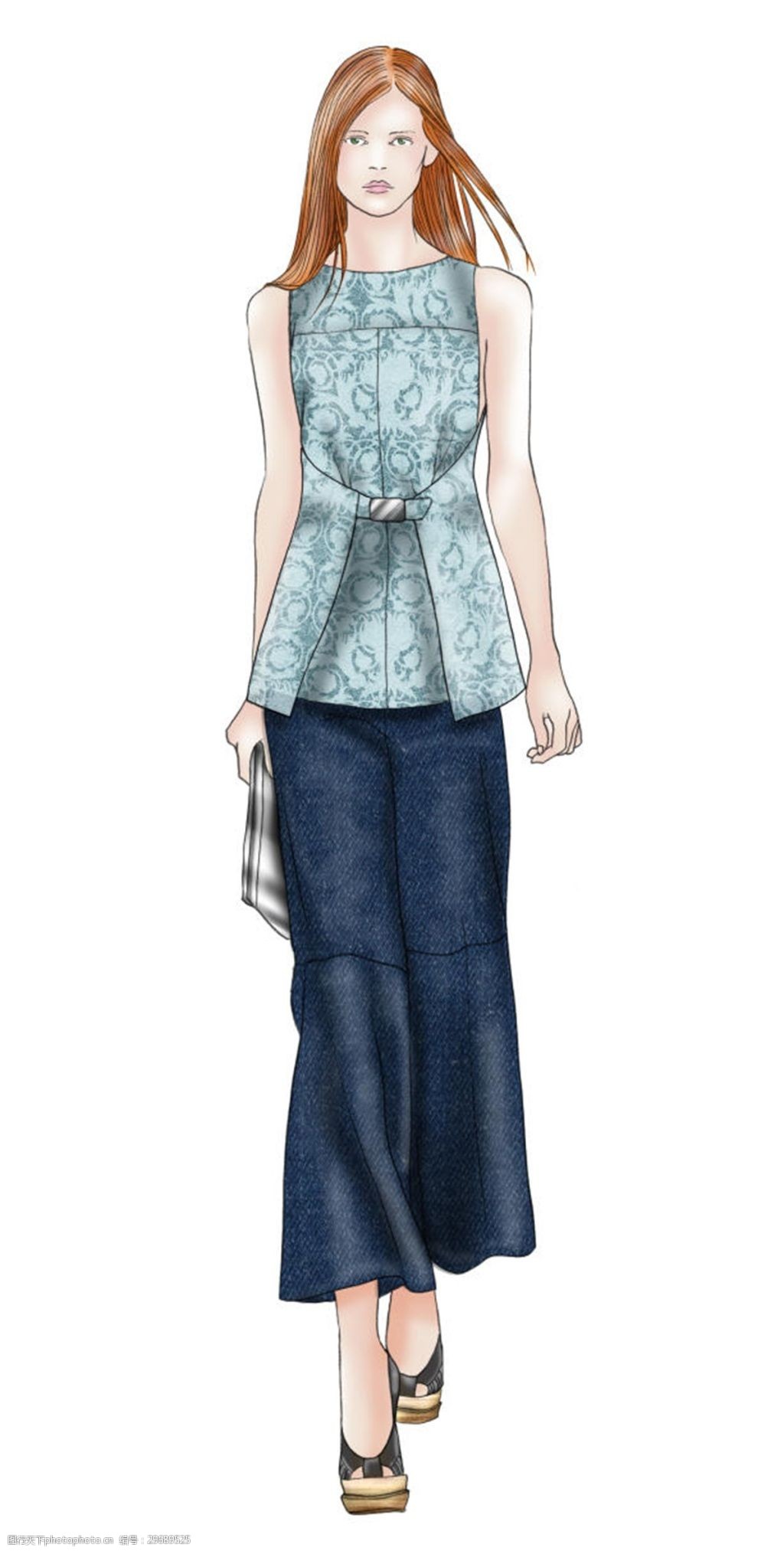 典雅蓝色花纹无袖上衣女装效果图