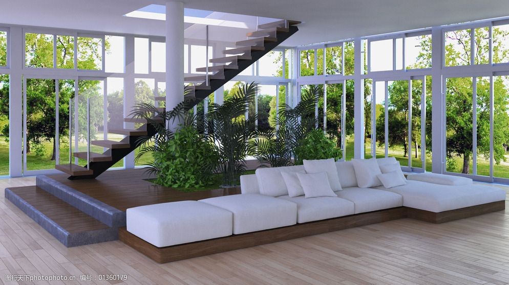 别墅楼梯下白色沙发图片
