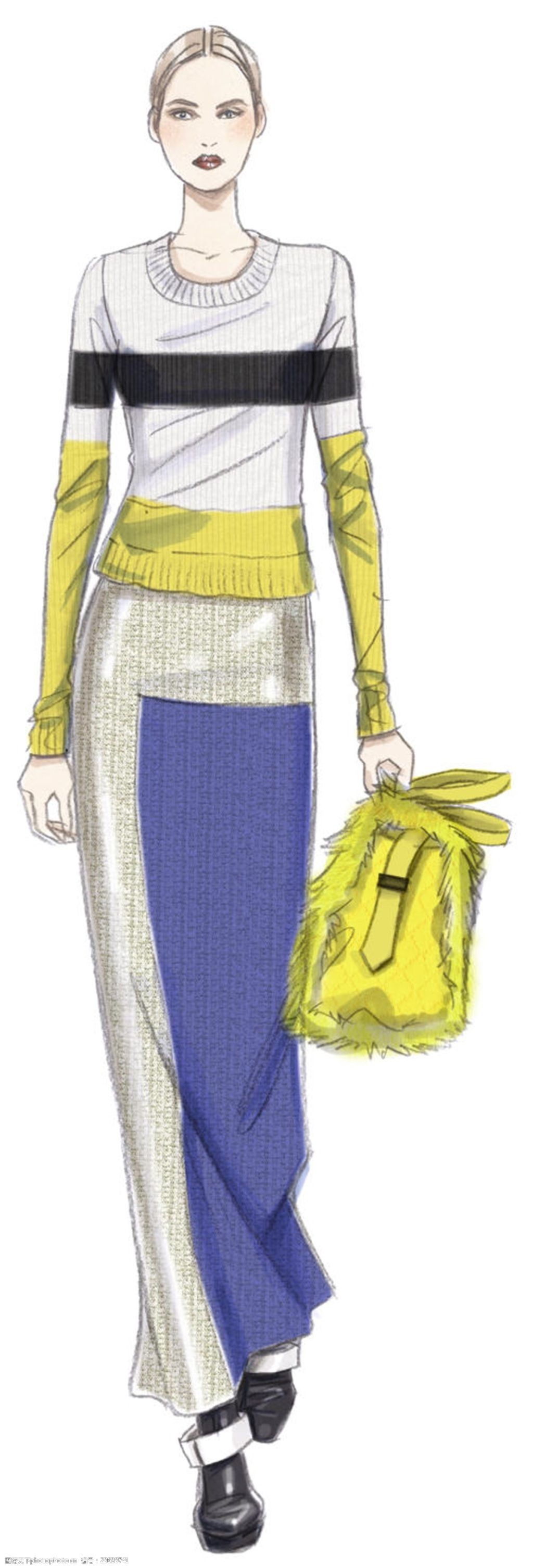 关键词:服装设计 服装效果图 黄色包包 毛线上衣 毛衣裙      简约