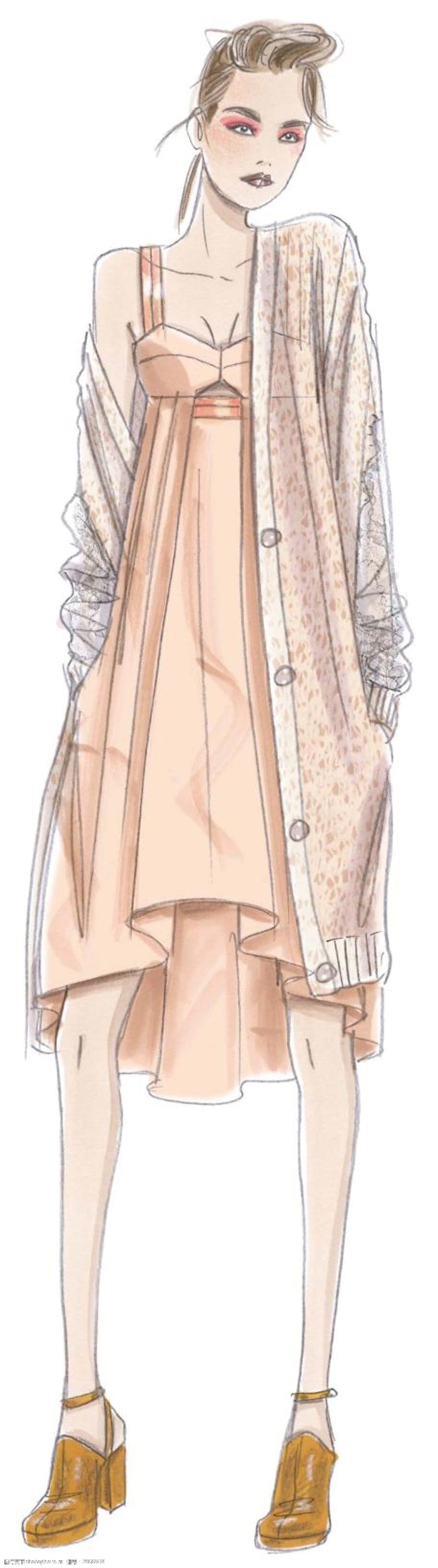 吊带裙 服装设计 服装效果图      碎花外套 清新淡橙色吊带裙女装