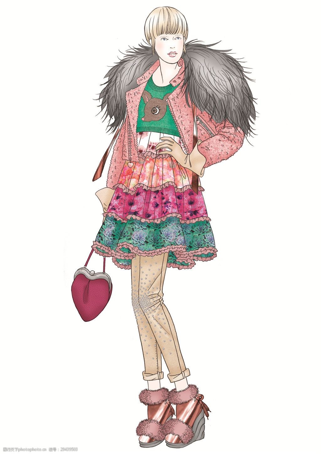 富贵风格灰色毛领大外套女士服装效果图