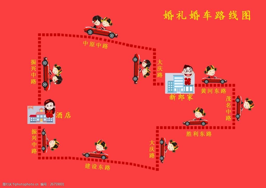 关键词:婚庆线路图 婚庆 结婚 路线 psd 红色