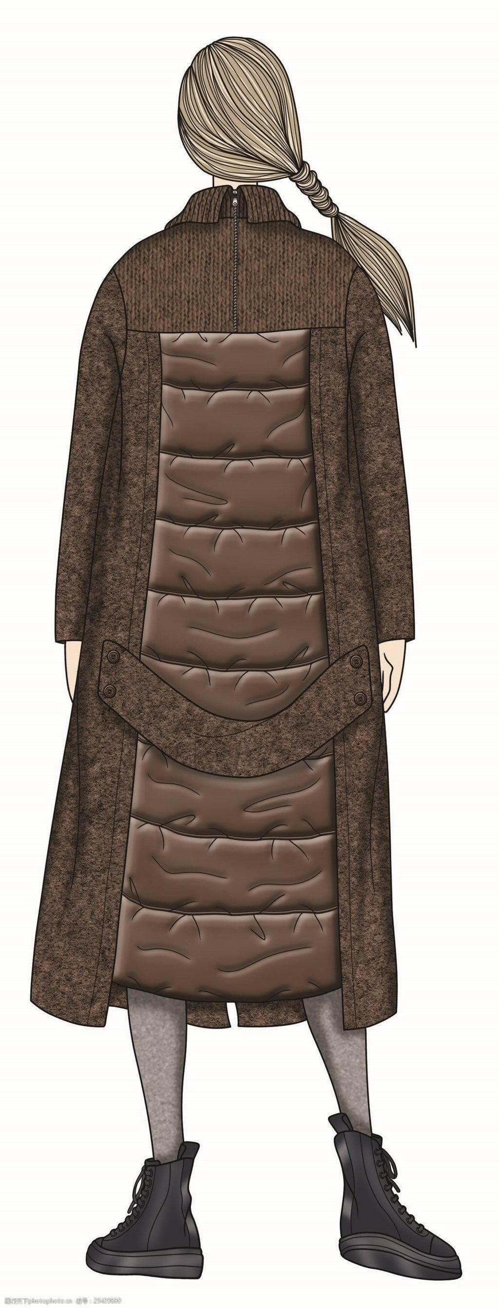 简单褐色保暖大外套女装服装效果图 长发模特 服装效果图 褐色衣服