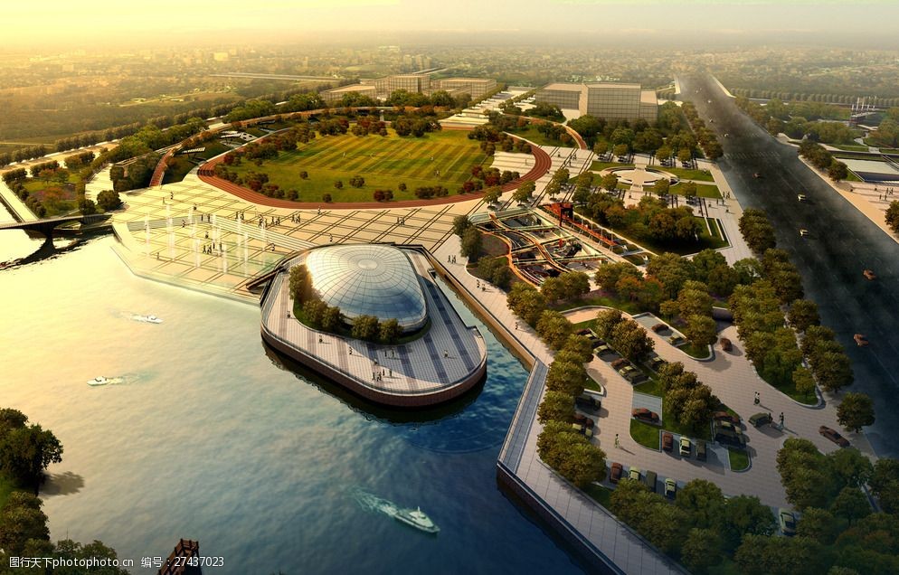 湖边休闲广场鸟瞰图图片