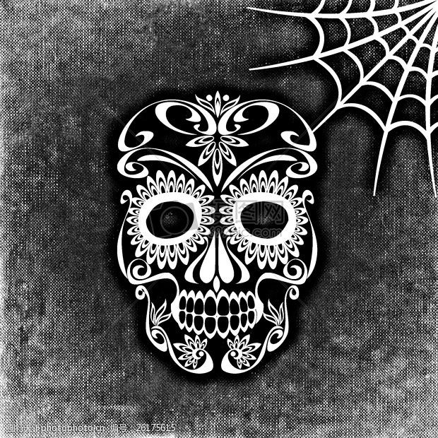 骷髅和交叉骨,蜘蛛网,背景,黑与白