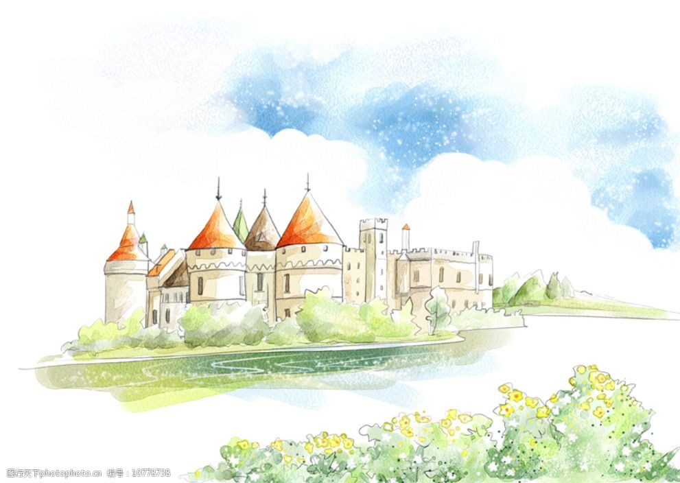 手绘水彩欧式城堡风景插画图片