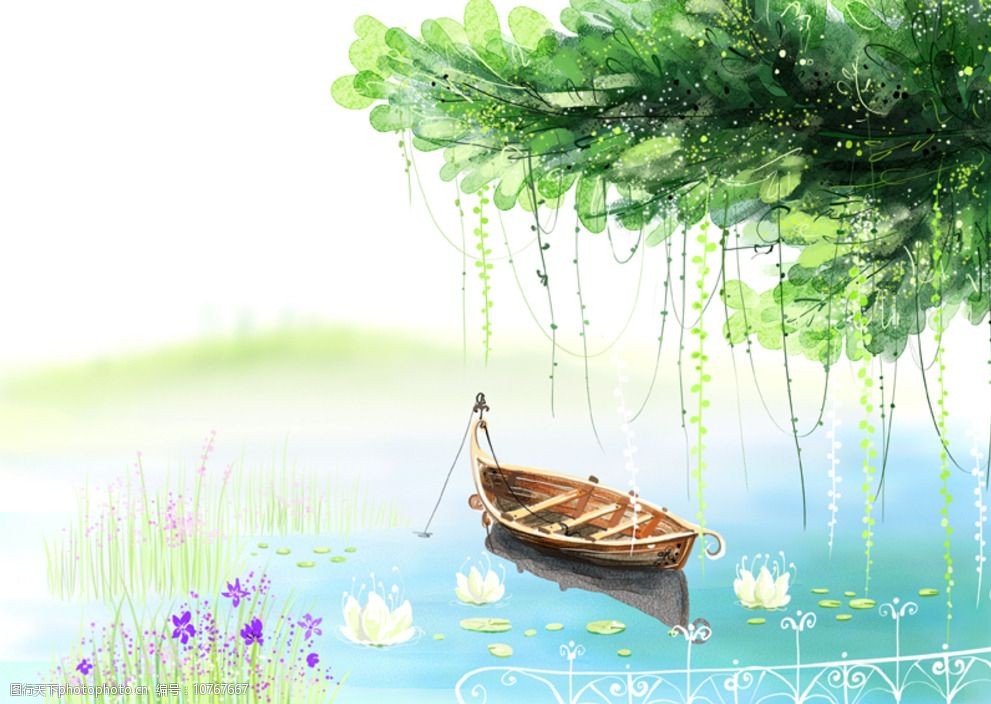 手绘水彩湖面风景插画图片