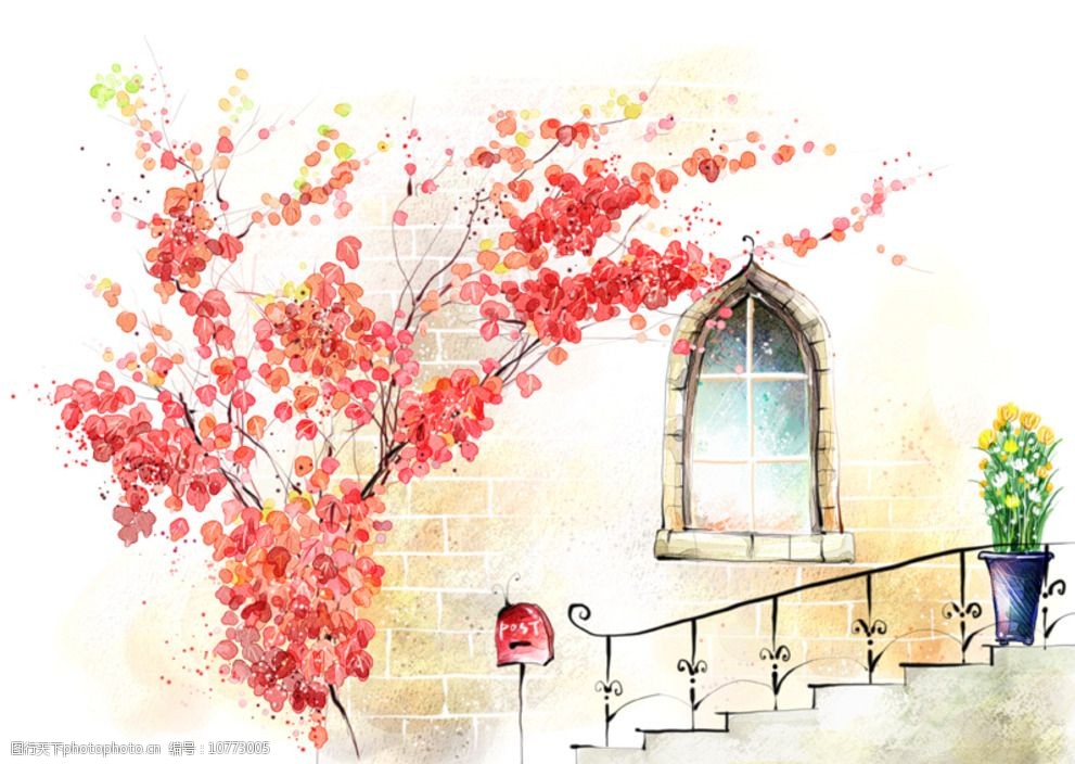 手绘水彩墙角风光插画图片