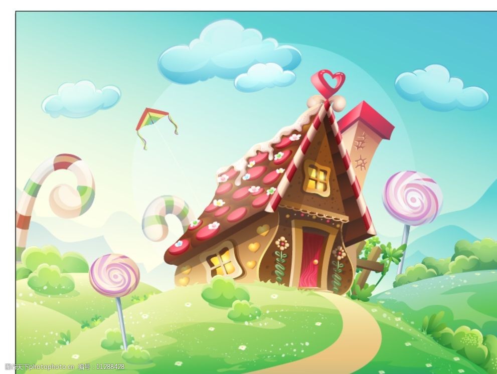 关键词:童话世界插画 免费下载 eps格式 棒棒糖 儿童插画 卡通房子