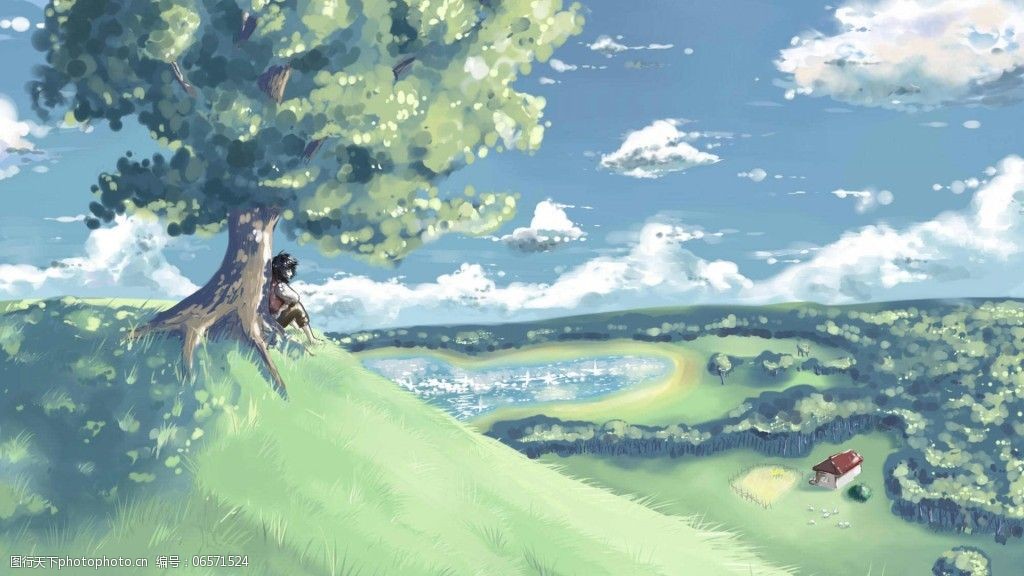 草地 风景 绘画 男孩 树 唯美 小山 小屋 图片素材 卡通动漫可爱图片