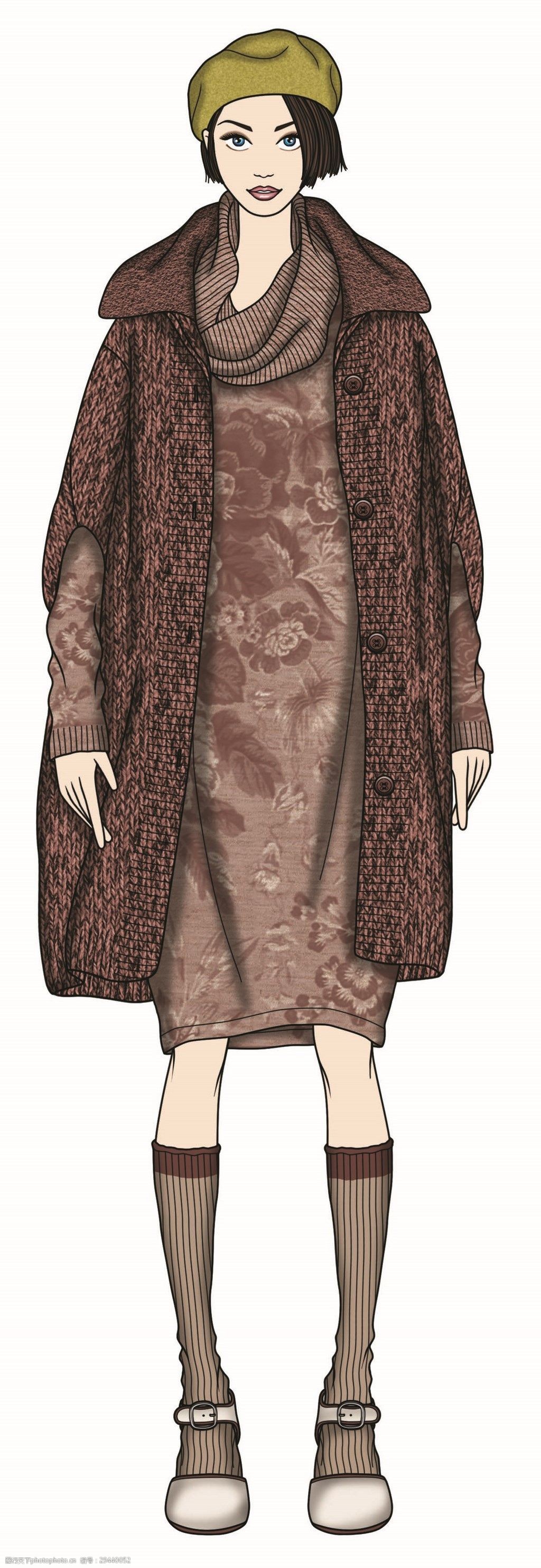 美丽橙红色大外套女装服装效果图