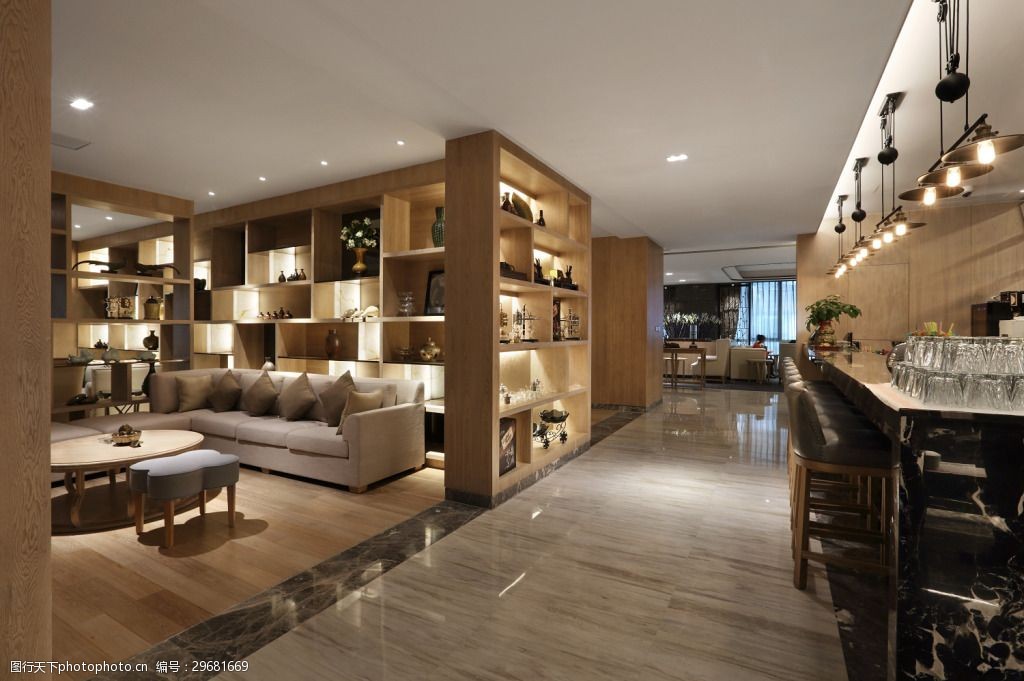 白色射灯 储物柜 灰色沙发      木地板 圆形茶几 简约客厅方形吊顶工